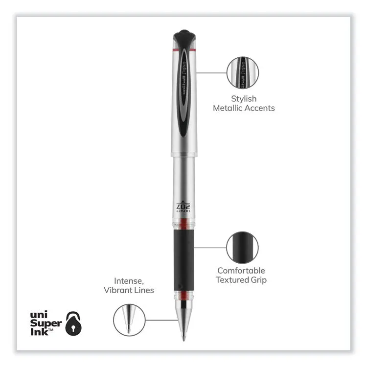 207 Impact Gel Pen, Stick, Bold 1 mm, Red Ink, Silver/Black/Red Barrel, Dozen (UBC65802)