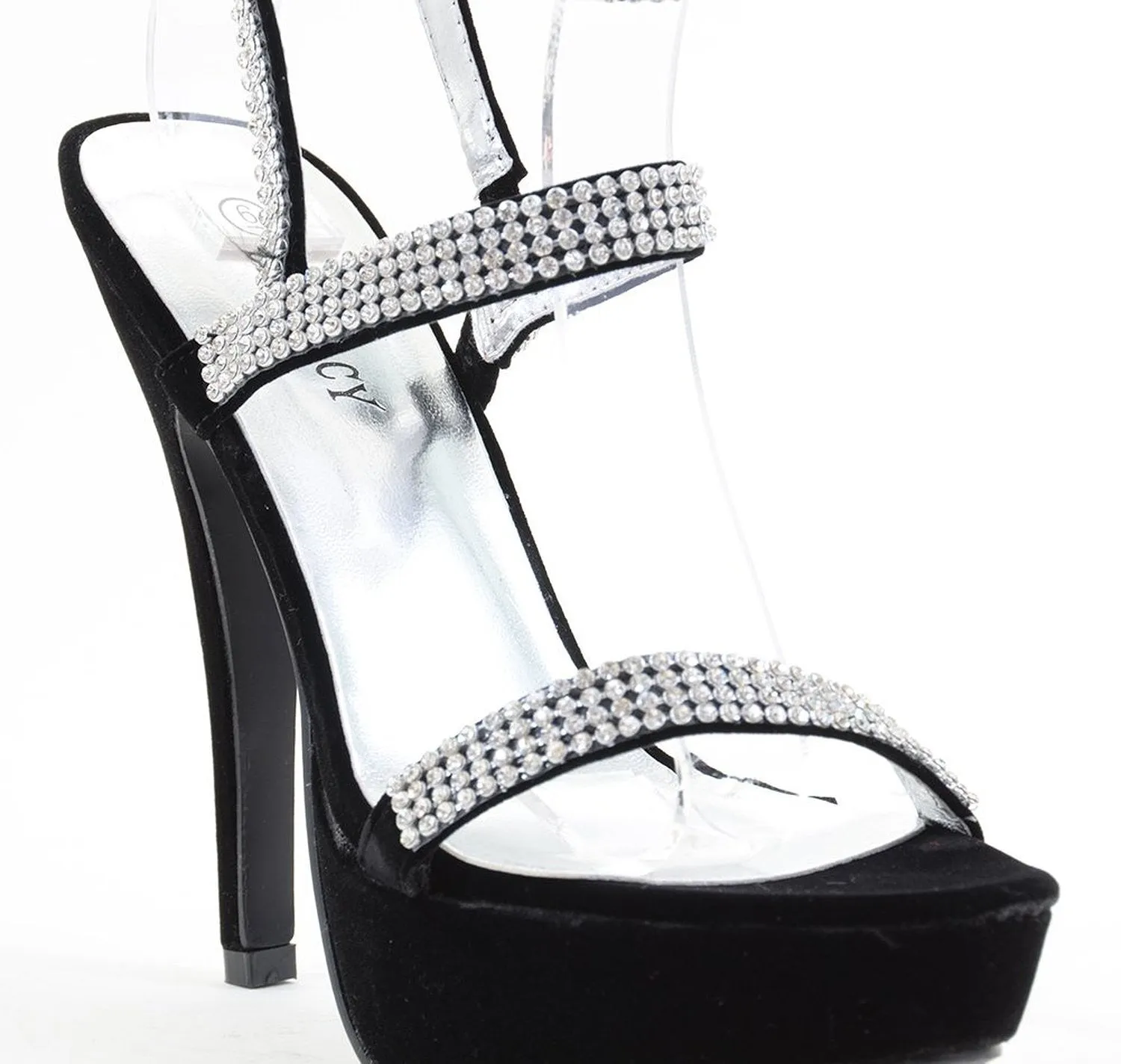 Black Velvet Rhinestone Formal Platform Heels Sandal