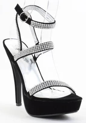 Black Velvet Rhinestone Formal Platform Heels Sandal