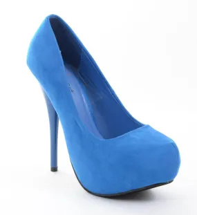 Blue Faux Suede Round Close Toe Platform Pump Heels