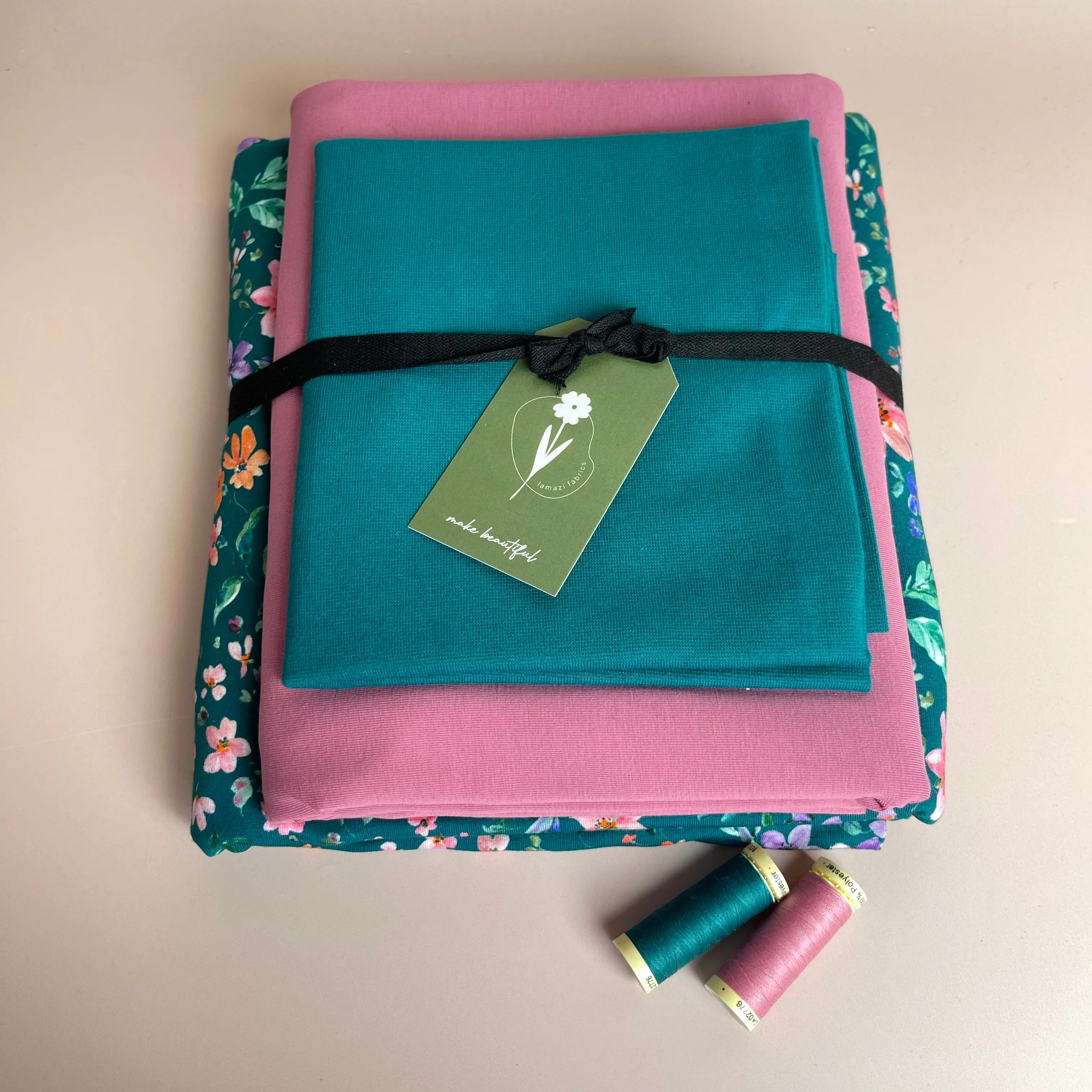 Colour Bundles - Small Flowers Teal Cotton French Terry and Jersey with Ribbing