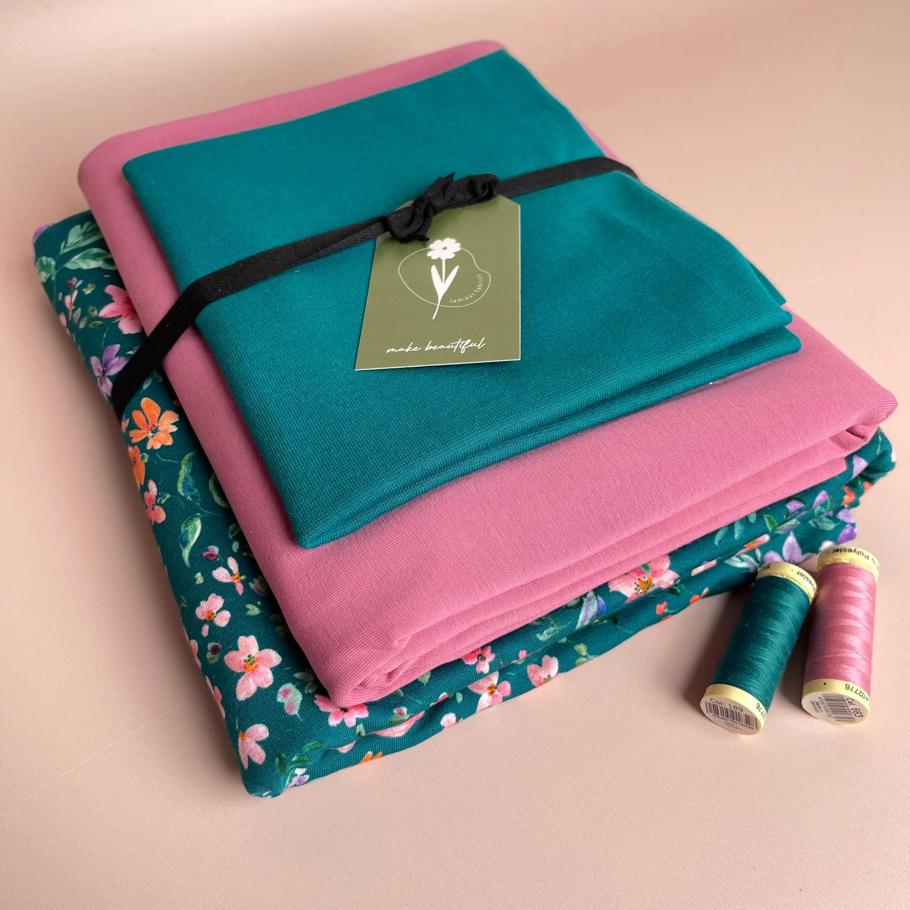 Colour Bundles - Small Flowers Teal Cotton French Terry and Jersey with Ribbing