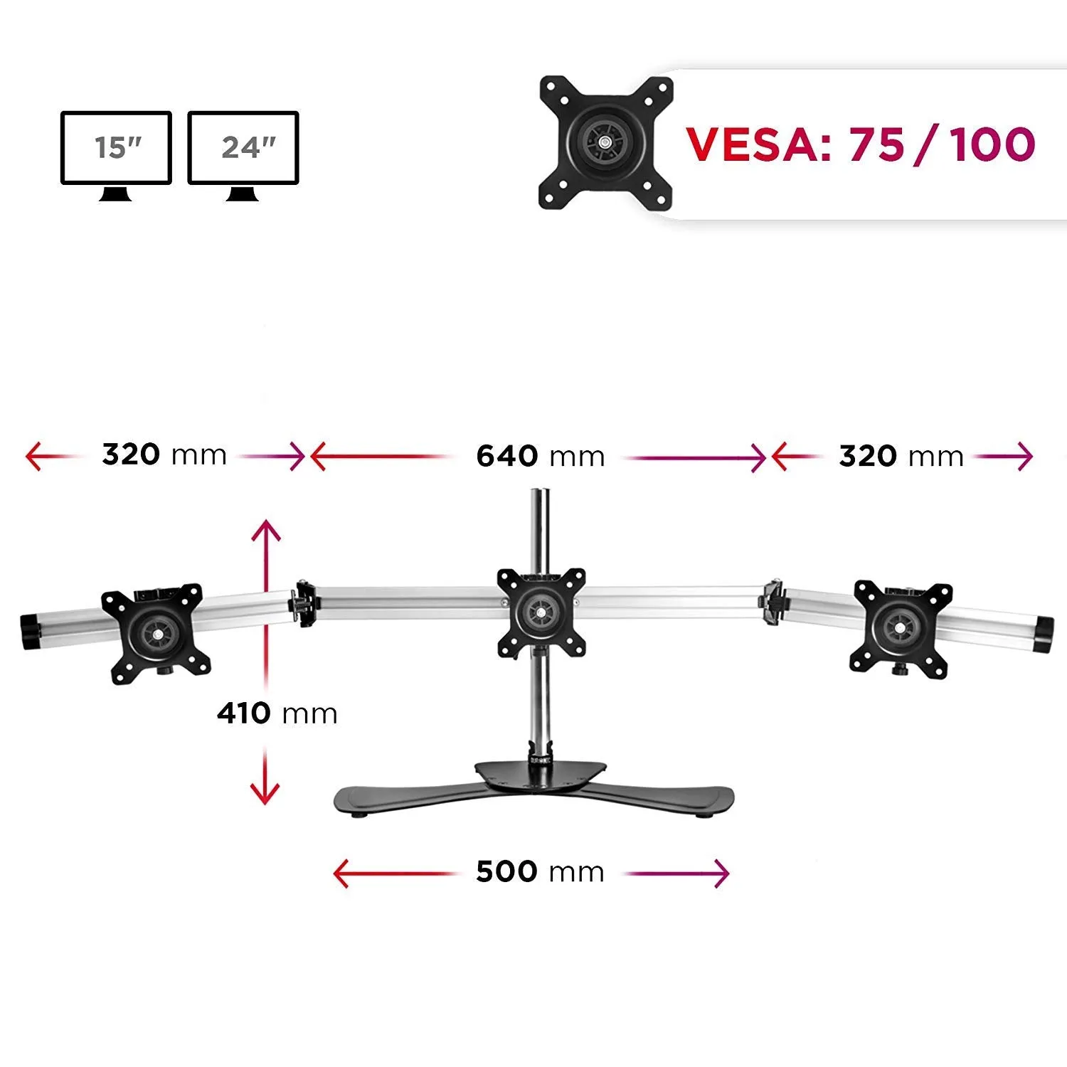 Duronic Computer Monitor Arms Stand DM753 Triple Freestanding PC Multi Arms Desk Mount Stands Riser for 3 8kg 15-24 Inch Display Screens VESA 75/100 - Black