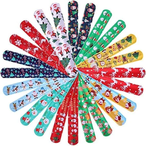 GARVEE 60Pcs Christmas Slap Bracelets for Kids with Snowflakes Santa-Christmas Kid's Bracelets Party Favors Pack for Kids Valentines Gift Classroom Exchange with 4 Sheets Sticker