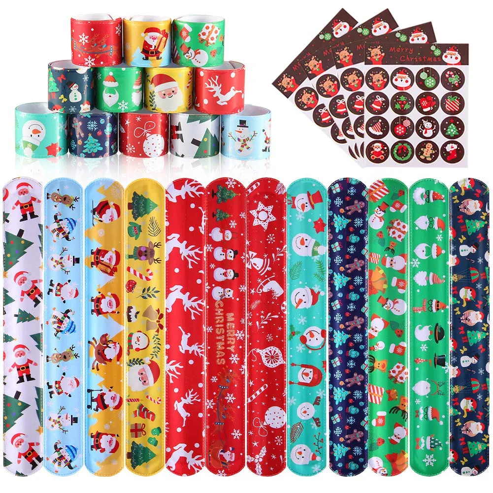 GARVEE 60Pcs Christmas Slap Bracelets for Kids with Snowflakes Santa-Christmas Kid's Bracelets Party Favors Pack for Kids Valentines Gift Classroom Exchange with 4 Sheets Sticker