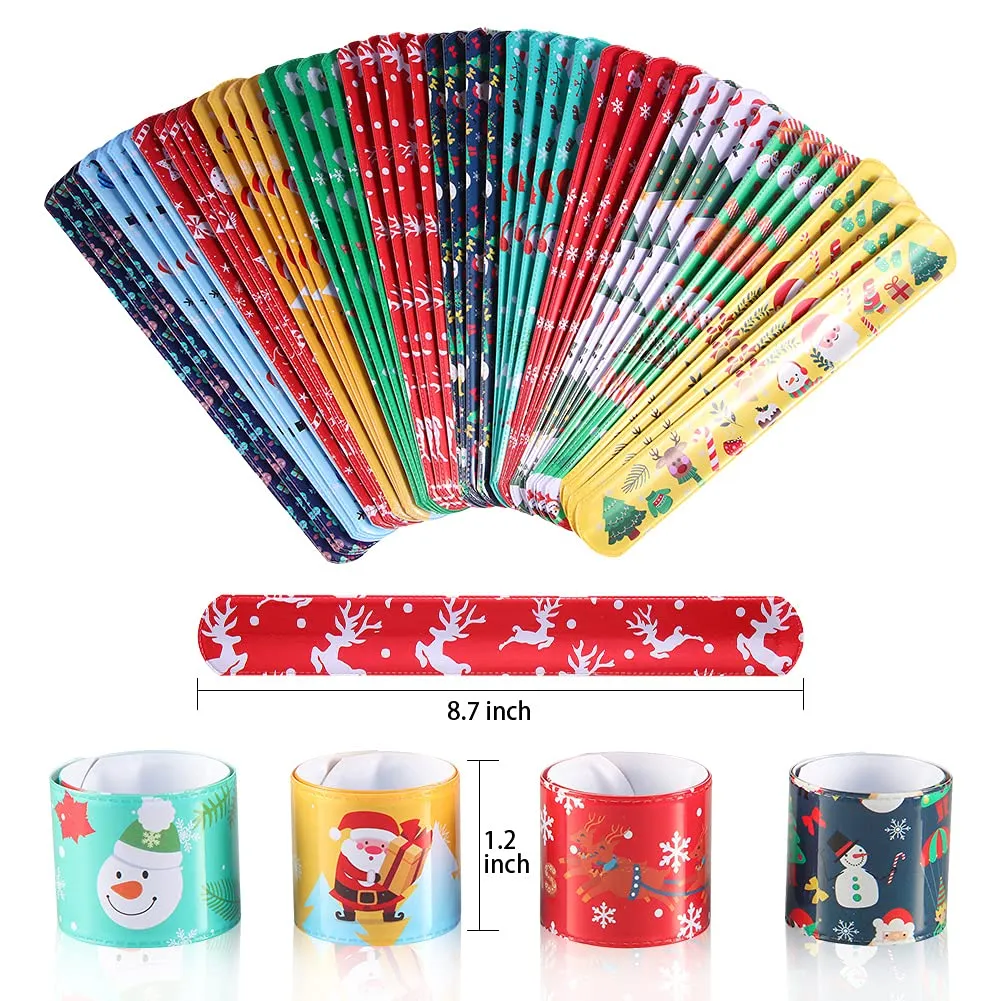 GARVEE 60Pcs Christmas Slap Bracelets for Kids with Snowflakes Santa-Christmas Kid's Bracelets Party Favors Pack for Kids Valentines Gift Classroom Exchange with 4 Sheets Sticker