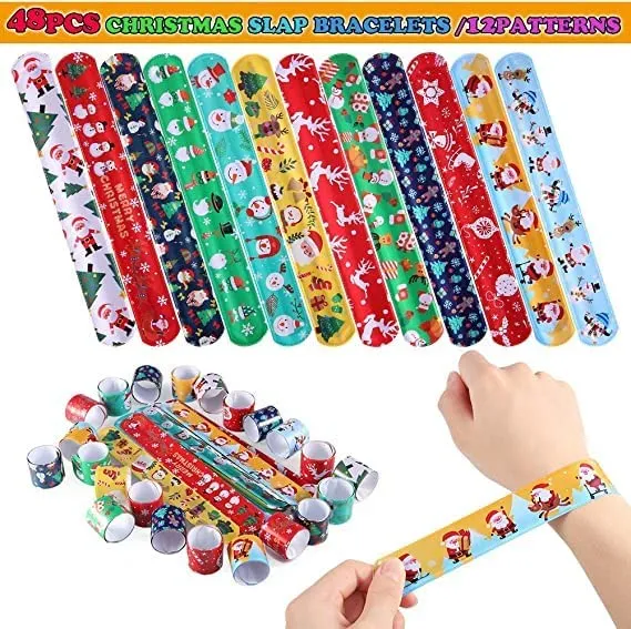 GARVEE 60Pcs Christmas Slap Bracelets for Kids with Snowflakes Santa-Christmas Kid's Bracelets Party Favors Pack for Kids Valentines Gift Classroom Exchange with 4 Sheets Sticker