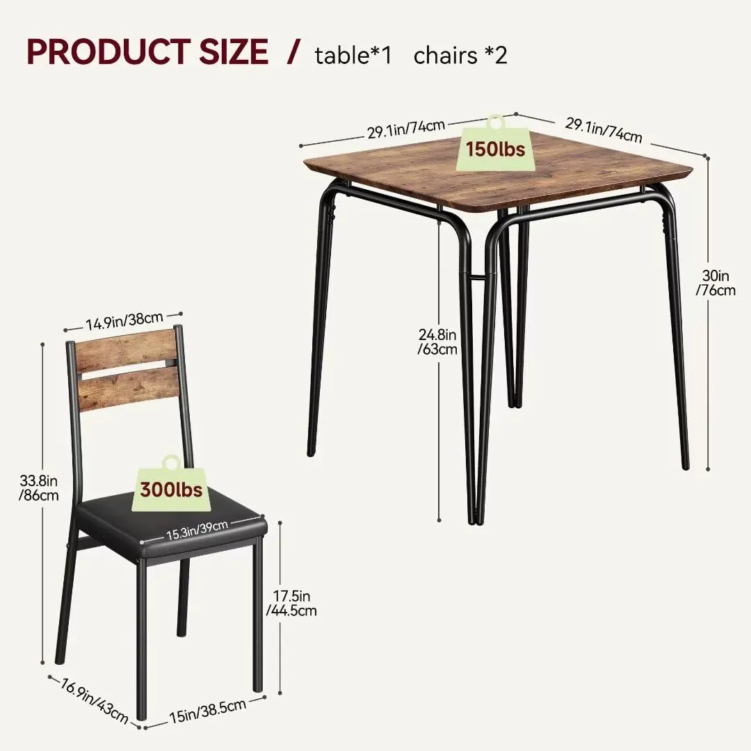 GARVEE Dining Table for 2, Small Square Kitchen Set   Upholstered Seats   Space Saving   MDF Table Top   Reinforced Metal Frames   Ideal for Small Spaces