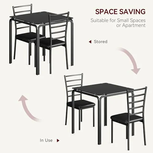 GARVEE Glass Black Dining Table for 2 - Space Saving, Modern Design, MDF Top, Metal Frames, Ergonomic Seats, Ideal for Small Spaces