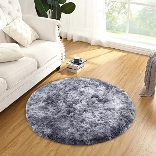 GARVEE Round Living Room Area Rug Soft Shag Area Rug Furry Area Rug Shaggy Rug Tie-Dyed Area Rug for Bedroom 4 Feet Round Rugs Kids Room Carpet Cozy Faux Fur Floor Cover, Dark Grey