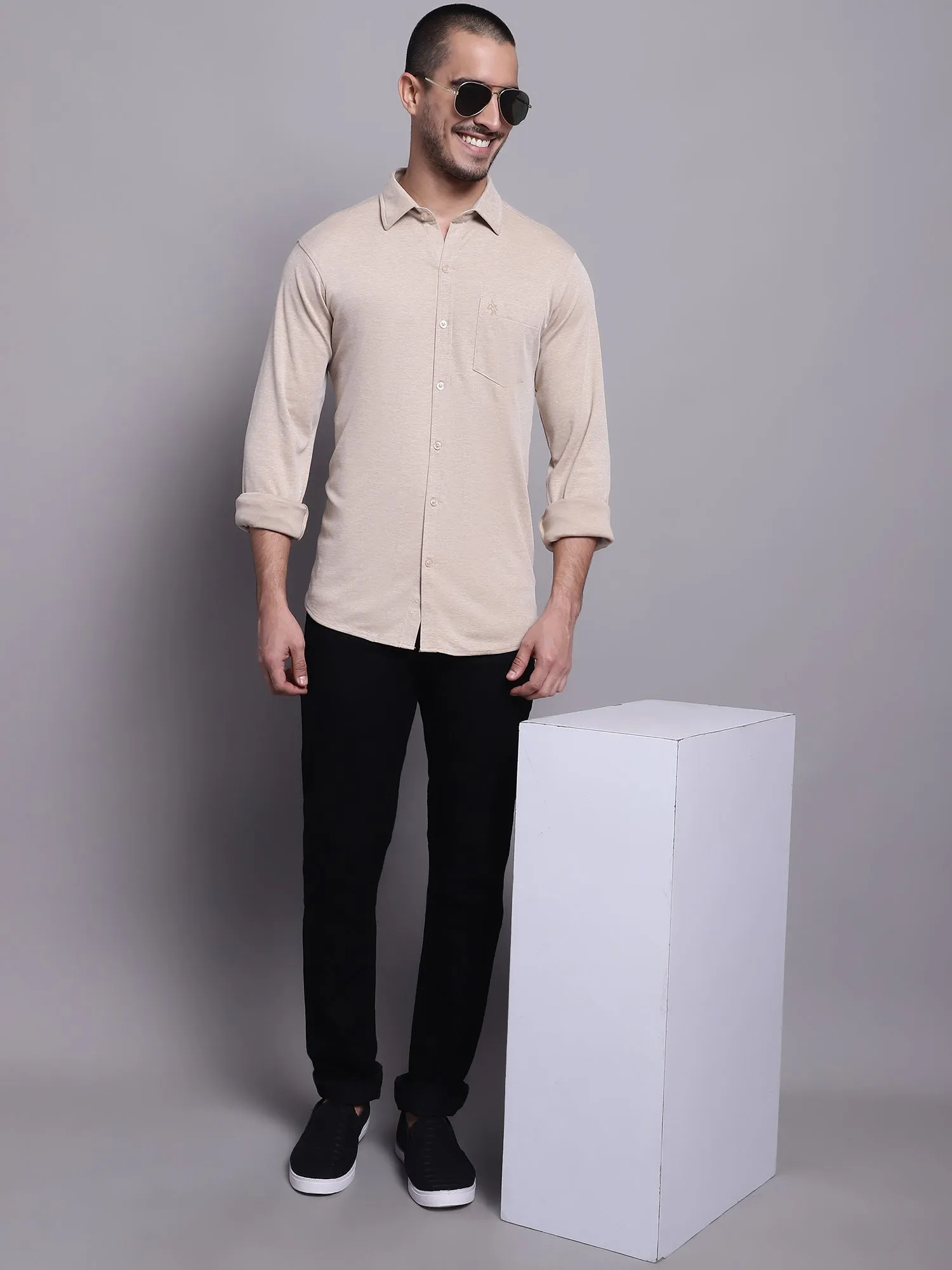 Men's Beige Casual Knit Self Textured Full Sleeve Shirt