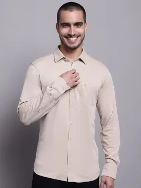 Men's Beige Casual Knit Self Textured Full Sleeve Shirt