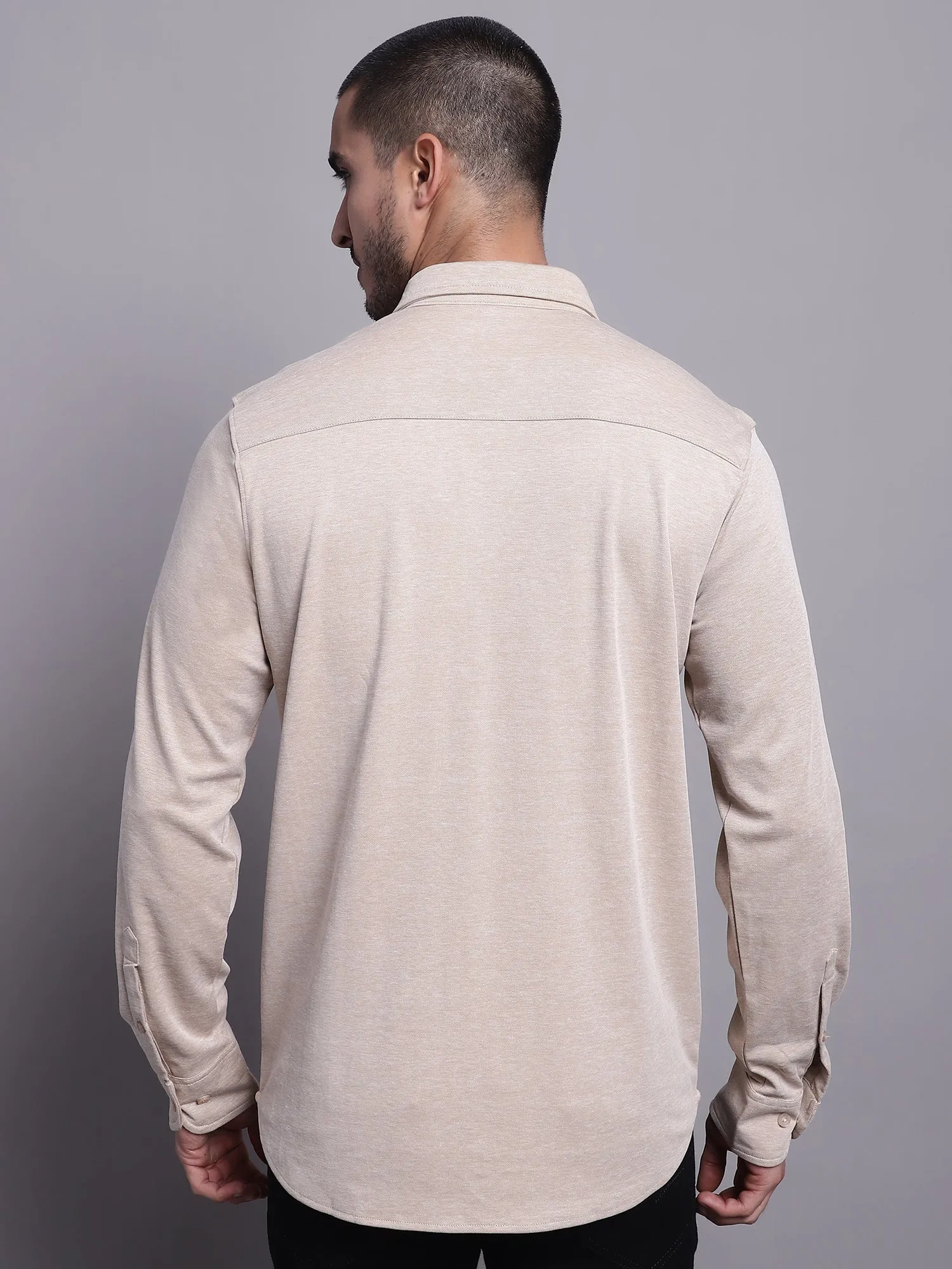 Men's Beige Casual Knit Self Textured Full Sleeve Shirt