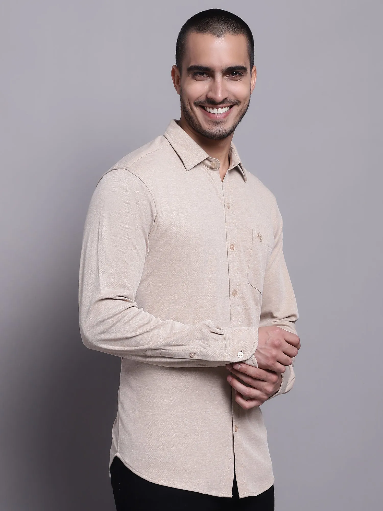 Men's Beige Casual Knit Self Textured Full Sleeve Shirt