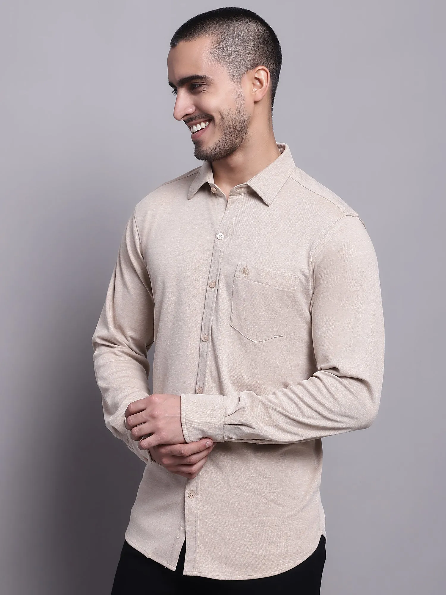 Men's Beige Casual Knit Self Textured Full Sleeve Shirt