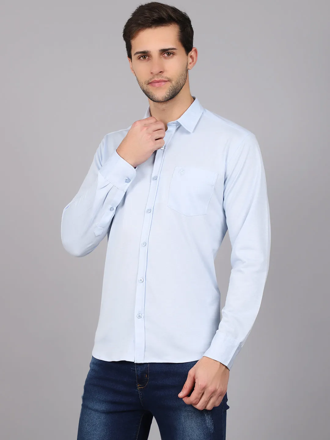 Men's Sky Blue Casual Knit Jersey Full Sleeve Shirt