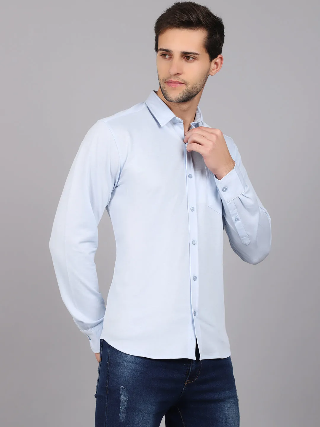 Men's Sky Blue Casual Knit Jersey Full Sleeve Shirt