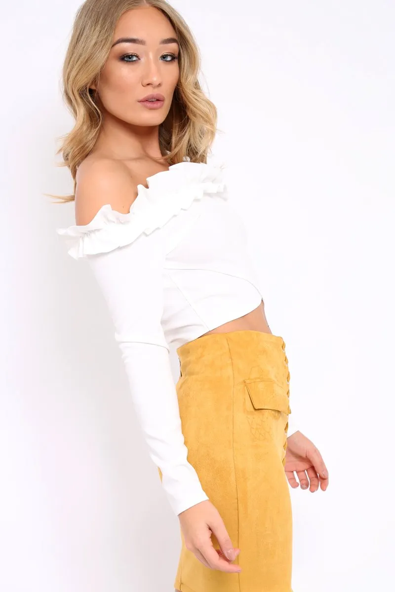 White Ruffle Bardot Crop Top - Milly