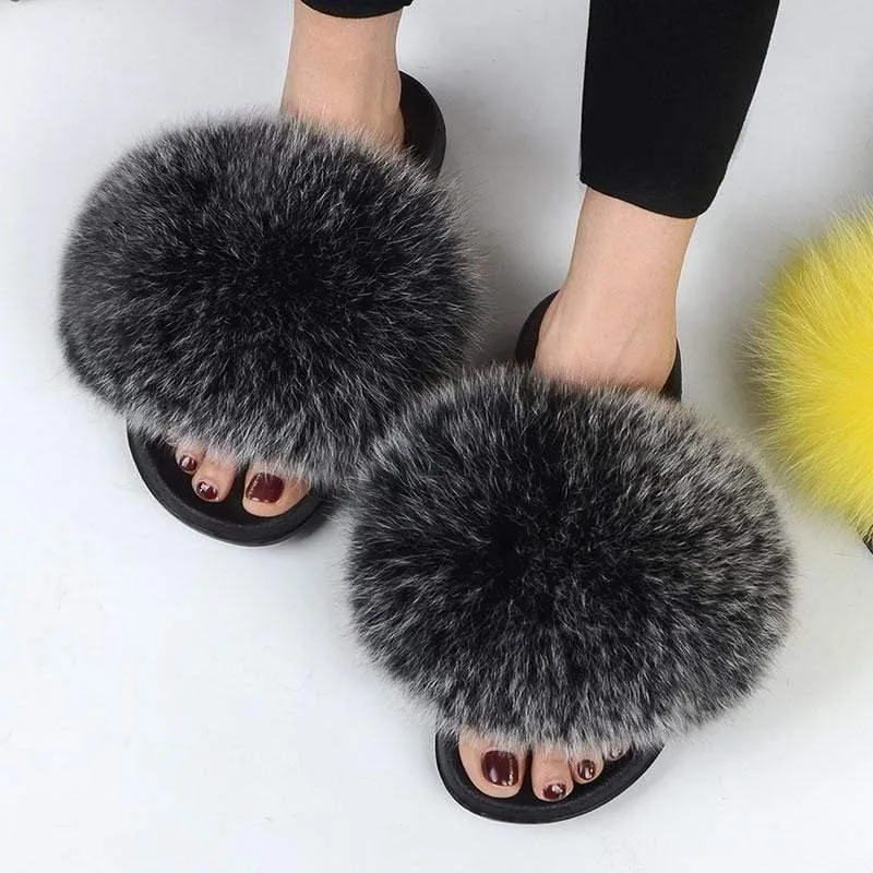 Women Casual Real Fox Fur Slippers