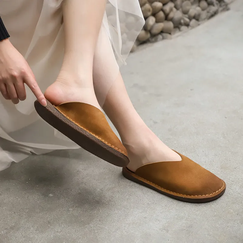 Women'S Slippers Leather Sandals  Flats Casual Slip On Shoes Brown/Coffee